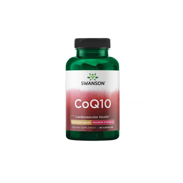 A bottle of Swanson Coenzyme Q10 features a green cap and offers a maximum strength 200 mg formula to support cardiovascular health and boost energy. The supplement contains 90 capsules.